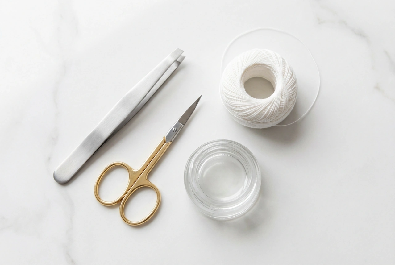 Eyebrow Shaping Accessories: Tweezers, Scissors, Thread, and Wax